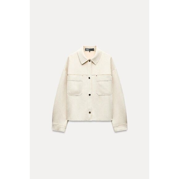 Zara Womens Faux Sued Jacket Size 2XL Ivory Beige Snap Shacket 4968/221 NWT - Picture 3 of 11